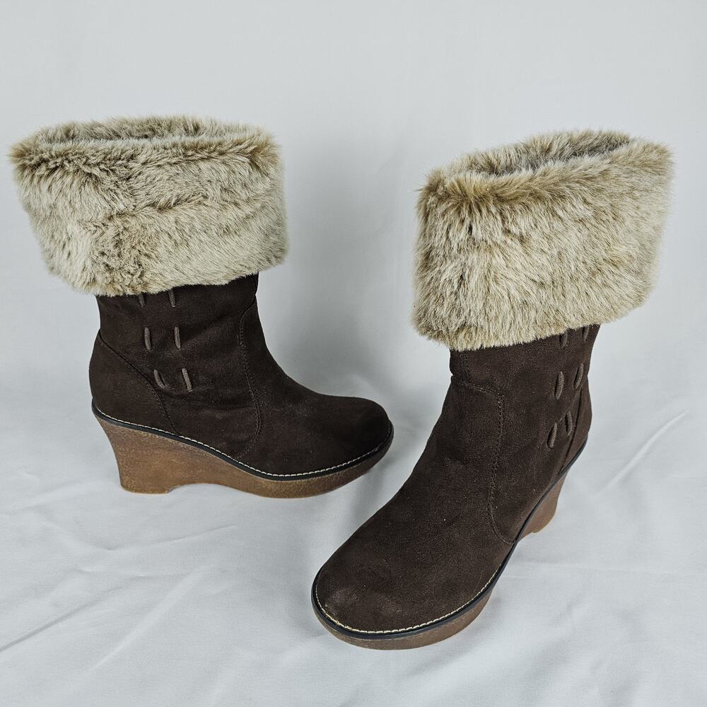 Lower East Side Suede Boots Size 7 Wedge Brown Fabric Faux Fur Lined